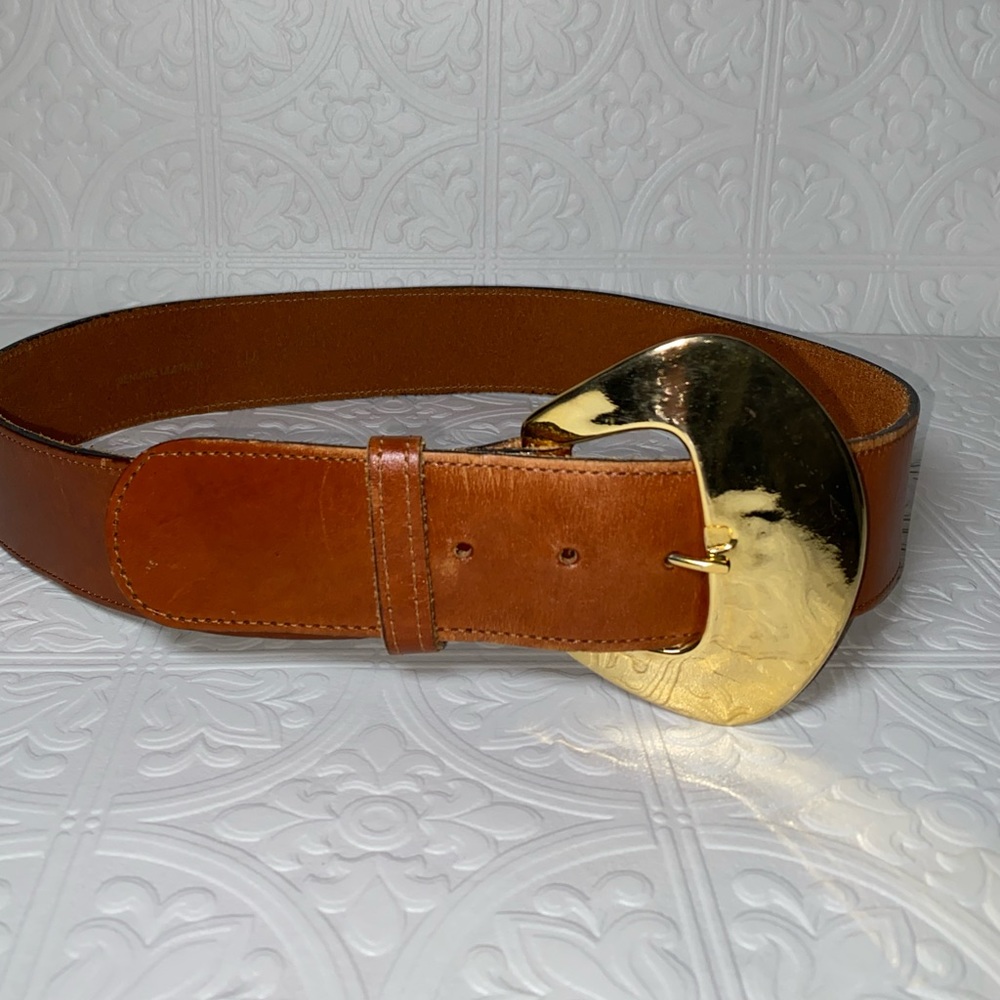 90’s Y2K Vintage Awesome Tan Leather Wide Belt with Oversized Gold Belt Buckle